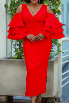 Rotes, modisches, solides, ausgehöhltes, langes Kleid mit V-Ausschnitt und Schlitz