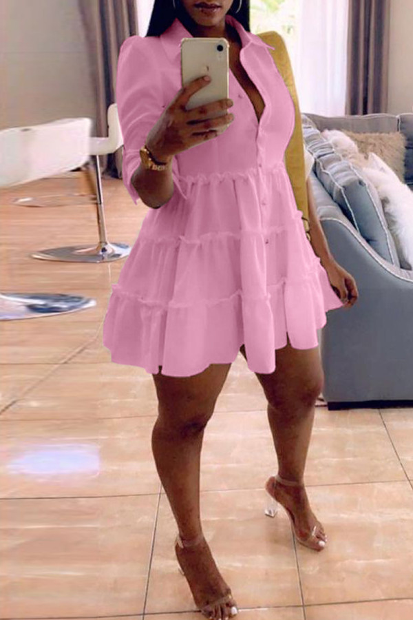ピンクのファッションカジュアルソリッドターンダウンカラーシャツドレス