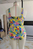 Multicolor Fashion Sexy Print Hollowed Out Patchwork O Neck Plus Size Swimwear