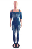 The cowboy blue Fashion Casual Solid Ripped O Neck Skinny Jumpsuits