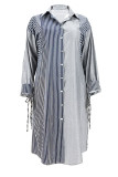 Dark Gray Fashion Casual Plus Size Striped Print Without Belt Turndown Collar Shirt Dress
