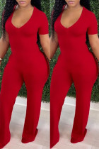 赤 ファッション カジュアル ソリッド ベーシック Vネック スキニー ジャンプスーツ