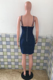Deep Blue Fashion Sexy Dot Backless Spaghetti Strap Denim Dress