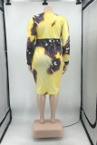 Yellow Sexy Print Hollowed Out V Neck Pencil Skirt Plus Size Dresses
