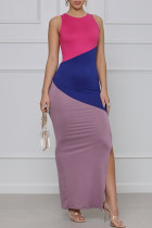 Multicolor Fashion Casual Patchwork Schlitz O-Ausschnitt langes Kleid