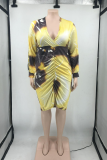 Yellow Sexy Print Hollowed Out V Neck Pencil Skirt Plus Size Dresses