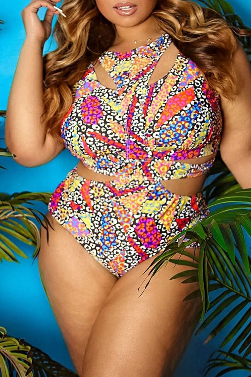 

Colour Fashion Sexy Print Hollowed Out Split Joint O Neck Plus Size Swimwear