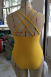 Yellow Sexy Solid Patchwork Backless V Neck Plus Size Swimwear
