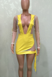 Yellow Sexy Solid Mesh V Neck Irregular Bodycon Mini Dresses