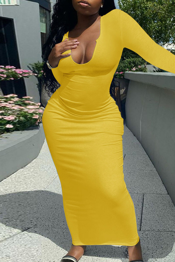 Yellow Casual Solid Patchwork Asymmetrical Collar Straight Dresses