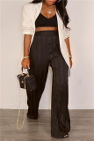 Zwarte mode casual gestreepte basic normale broek met hoge taille