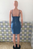 Глубокое синее модное сексуальное джинсовое платье в горошек с открытой спиной на тонких бретелях
