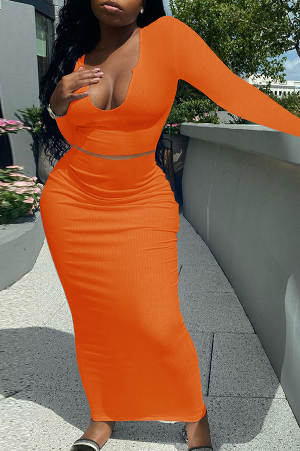 Оранжевый сексуальный сплошной пэчворк с V-образным вырезом и длинным рукавом из двух частей