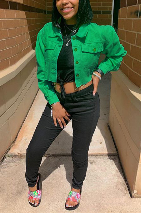 Jaqueta jeans sólida estilo rua verde (somente jaqueta)
