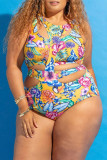 Pink Fashion Sexy Print Hollowed Out Patchwork O Neck Plus Size Swimwear