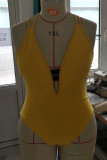 Yellow Sexy Solid Patchwork Backless V Neck Plus Size Swimwear