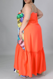 オレンジ カジュアル プリント パッチワーク スパゲッティ ストラップ ケーキ スカート プラス サイズ ドレス