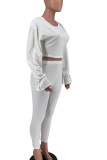 White Casual Solid Patchwork Frenulum O Neck Long Sleeve Two Pieces