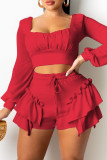 Red Fashion Casual Solid Patchwork Square Collar Long Sleeve Two Pieces