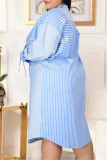 Ljusblå mode Casual Plus Size randigt tryck utan bälte Turndown krage skjortklänning