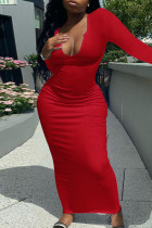 Rode casual effen patchwork asymmetrische kraag rechte jurken