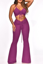 Purple Sexy Solid Spaghetti Strap Sleeveless Two Pieces