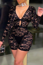Black Sexy Solid Lace Hollowed Out Fold V Neck Regular Jumpsuits