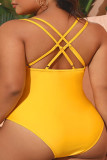 Gelbe, sexy, solide Patchwork-Bademode mit rückenfreiem V-Ausschnitt und Übergröße