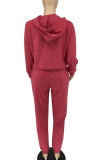 Red  Simplicity Solid Patchwork Hooded Collar Long Sleeve Two Pieces