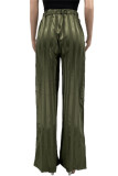 Calças casuais moda verde listrada básica regular cintura alta