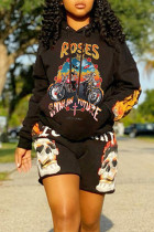 Colour Street Print Patchwork Hooded Collar Long Sleeve Two Pieces