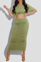 グリーンセクシーカジュアルソリッドくり抜かれた折り畳みOネック半袖ドレス