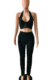 Black Casual Solid Bandage Patchwork Backless Halter Sleeveless Two Pieces