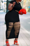 Zwarte sexy effen gescheurde O-hals rechte jurken met grote maten