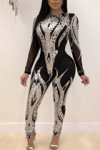 Silver Sexig Print Patchwork O Neck Jumpsuits