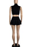 Black Casual Solid Patchwork Flounce Zipper Collar Sleeveless Two Pieces