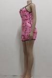 Pink Sexy Print Patchwork Spaghetti Strap Skinny Rompers