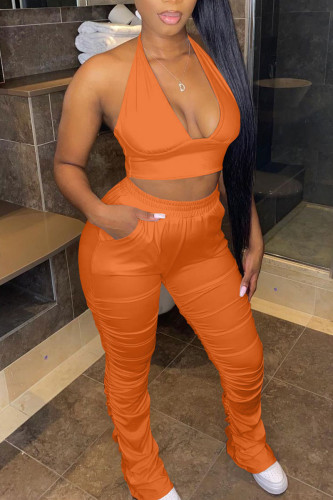 Tangerine Red Casual Solid Bandage Patchwork Backless Halter Sleeveless Two Pieces