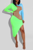 ライトグリーンファッションカジュアルパッチワーク非対称Oネック長袖ドレス