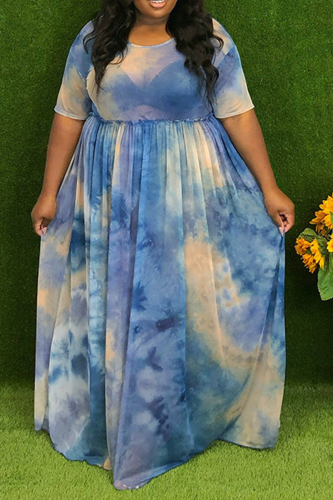 Blauwe casual patchwork tie-dye O-hals taartrok Grote maten jurken