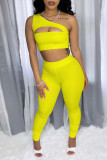 Yellow Fashion Sexy Solid Hollowed Out One Shoulder Sleeveless Two Pieces