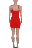 Red Sexy Solid Patchwork Draw String Fold Spaghetti Strap Pencil Skirt Dresses