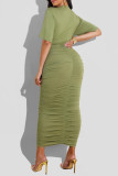 グリーンセクシーカジュアルソリッドくり抜かれた折り畳みOネック半袖ドレス