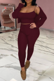Burgundy Sexy Casual Solid Patchwork Spaghetti Strap Long Sleeve Three Pieces