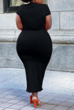 Черные сексуальные однотонные рваные прямые платья больших размеров с круглым вырезом