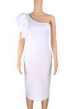 White Fashion Sexy Solid Patchwork One Shoulder Evening Dress