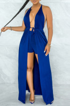 Royal Blue Sexy Print Hollowed Out Patchwork Backless Slit Asymmetrical Sleeveless Two Pieces