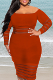 Vermelho sexy sólido rasgado retalhos bateau pescoço manga longa na altura do joelho vestidos de saia lápis