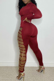 Burgundy Fashion Sexy Solid Hollowed Out Patchwork Chains Zipper Collar Skinny Jumpsuits