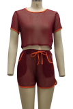 Burgundy Sexy Solid Patchwork O Neck Short Sleeve Two Pieces